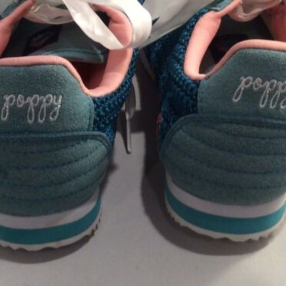 Poppy Woman’s 7 Hand-Crocheted Turquoise & Orange Satin Lace-Up Sneakers Shoes - Picture 10 of 13